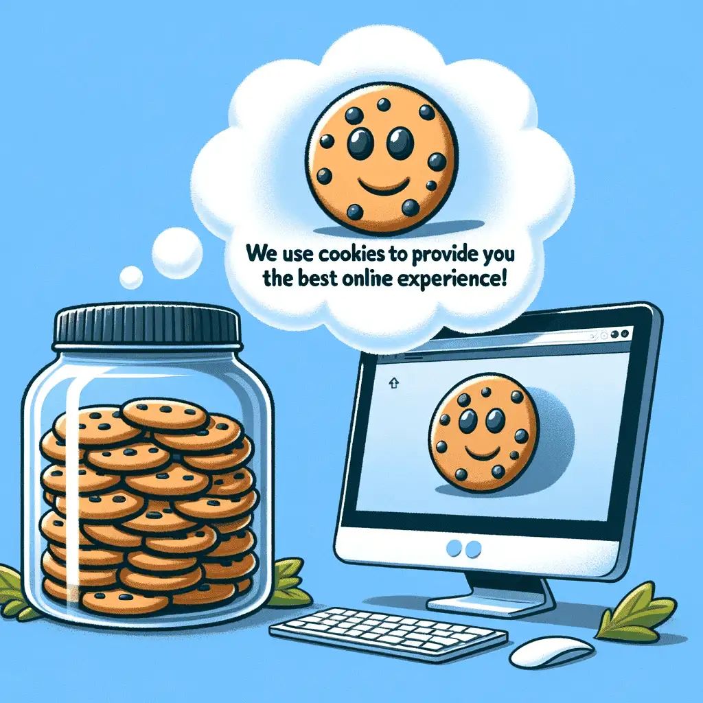 En tegning af spiselige cookies, der er på en skærm. Som illustrerer at HverdagsAIs hjemmeside benytter cookies.
