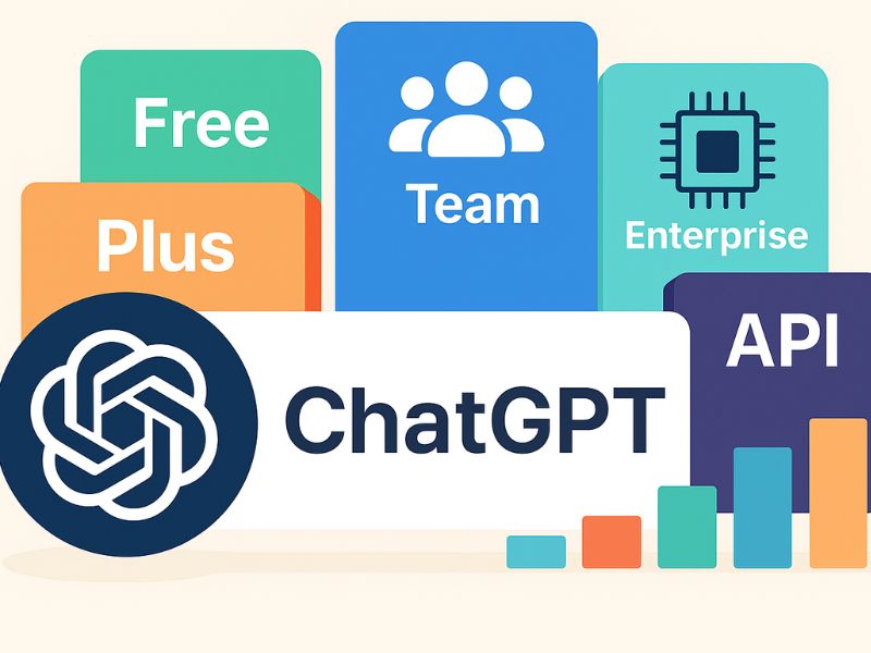 Illustration af ChatGPT-versionerne Free, Plus, Team, Enterprise og API som farvede kort foran ChatGPT-logoet.