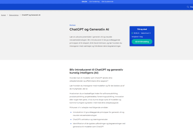 Skærmbillede af IDAs ChatGPT kursus side