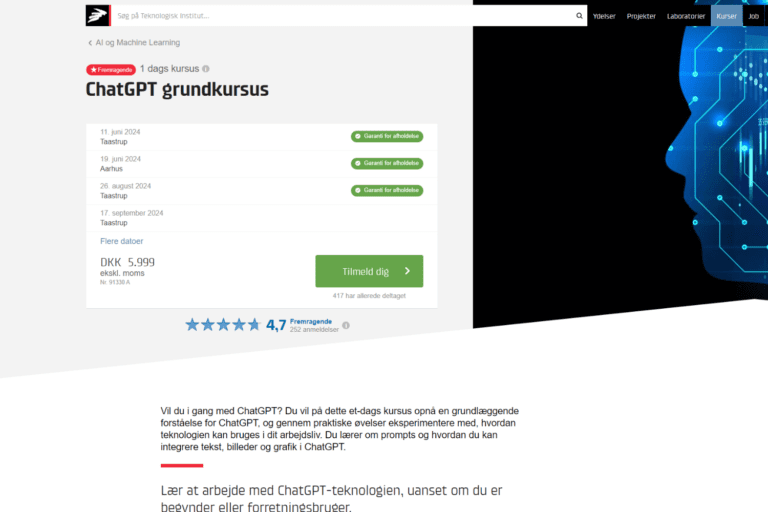 Skærmbillede af Teknologisk Instituts ChatGPT kursus side